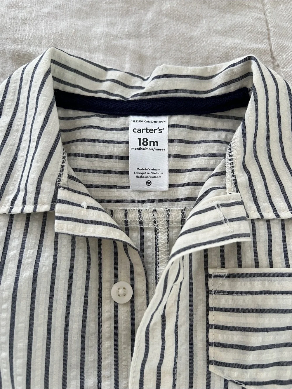 Carter's Cream and Navy Pinstripe Short-Sleeve One-Piece